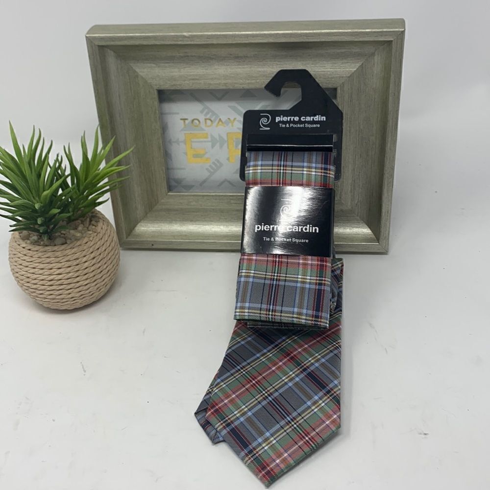 Pierre Cardin Primary Color plaid tie and pocket square NWT